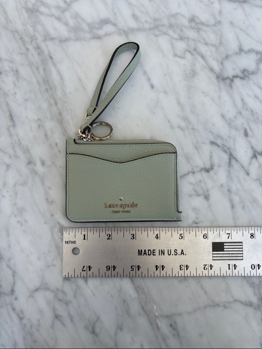 kate spade mint green leather cardholder wristlet with gold logo